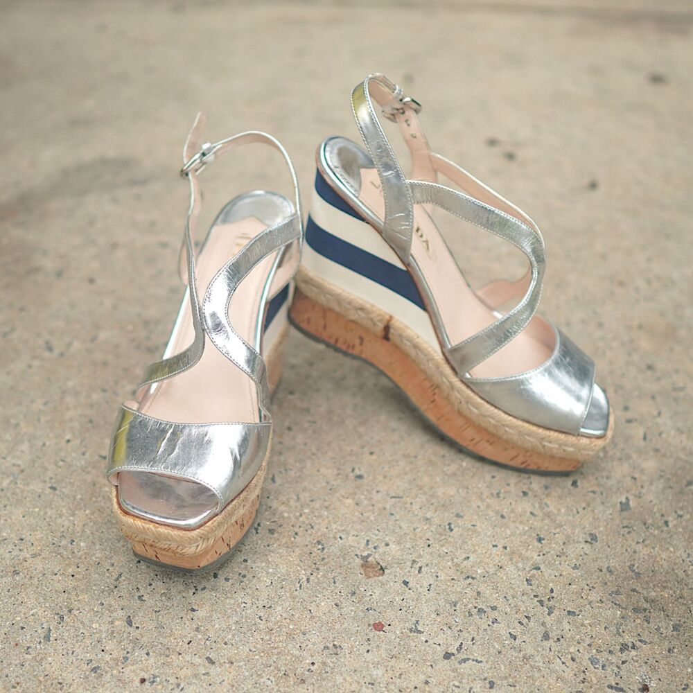 Prada Metallic Silver Leather Strappy Platform Wedge Sandals 40.5 US 10.5 Stripe